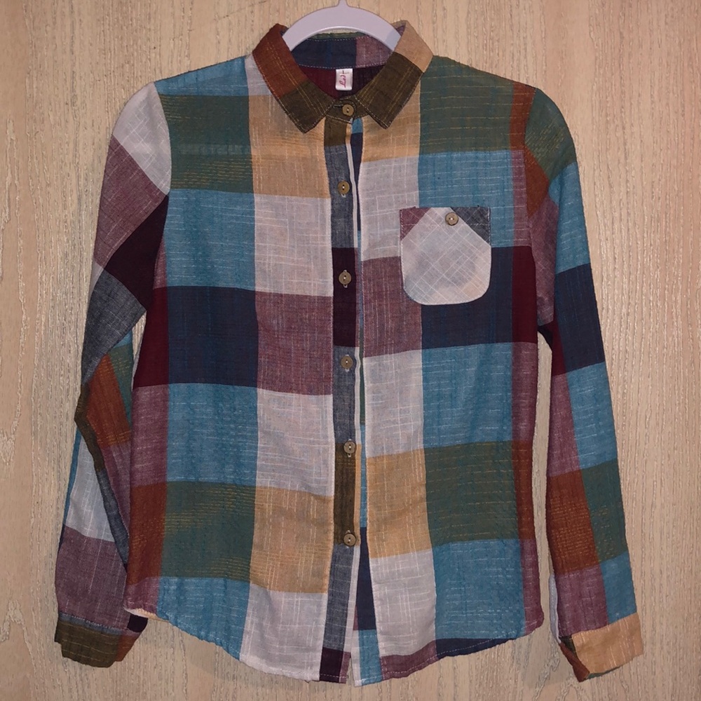 First Lady Button Down Collared Plaid Single Pocket Long Sleeve L